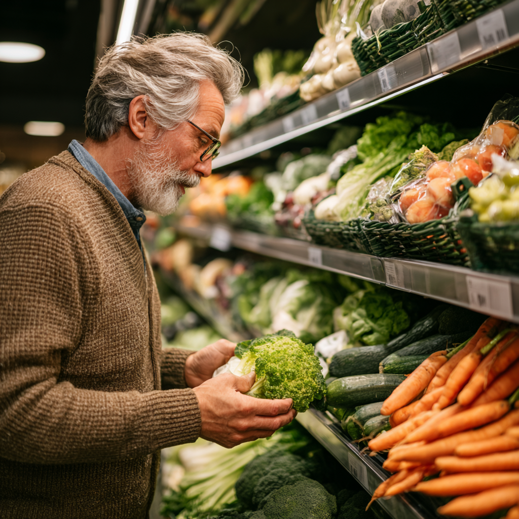 Чоловік близько 55 років вибирає свіжі овочі та фрукти у супермаркеті, уважно читаючи етикетки та плануючи здорові покупки відповідно до свого раціону
