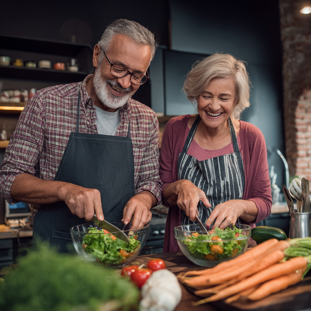 Здорова пара у віці 50-60 років готує разом свіжий салат на кухні, усміхаючись та насолоджуючись процесом приготування здорової їжі