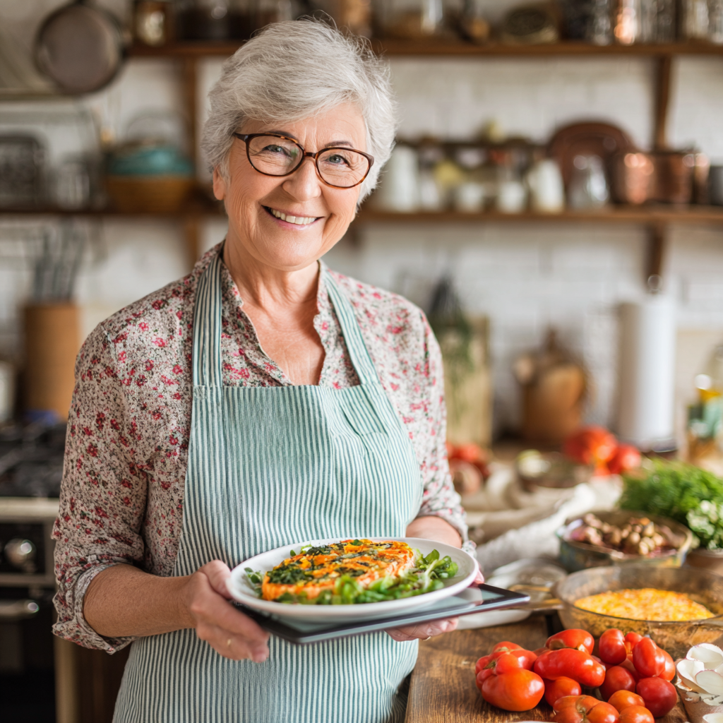 Усміхнена жінка близько 60 років на кухні демонструє приготовлену здорову страву, тримаючи у руках планшет з додатком smoravine